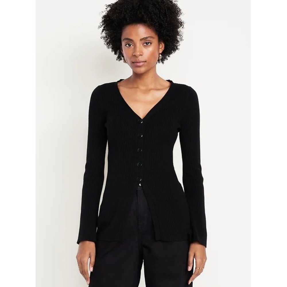 Old Navy Cardigan Sweater Womens L Black SoSoft Lite Ribbed V-Neck Minimalist